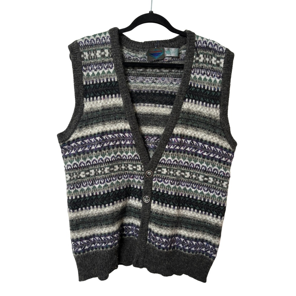 Etchings Mens Vintage 100% Shetland Wool Fair Isle Cardigan Sweater Vest Grey L
